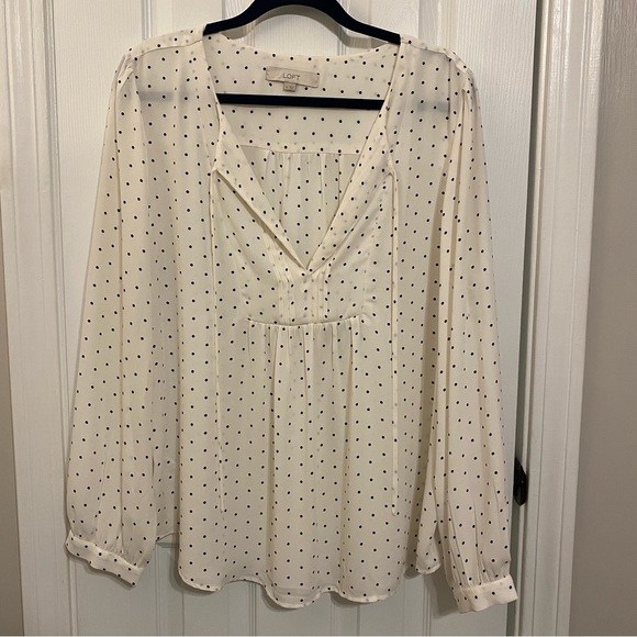 Loft White Long Sleeve Keyhole Tie Neck Blouse Polka Dot Print Size XL - Picture 2 of 7